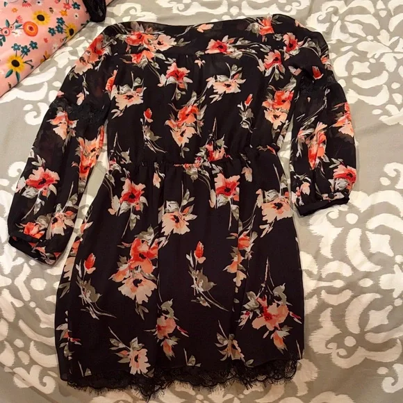 White House Black Market Black Dress with Red and Gray Floral Work Chic - Picture 3 of 3